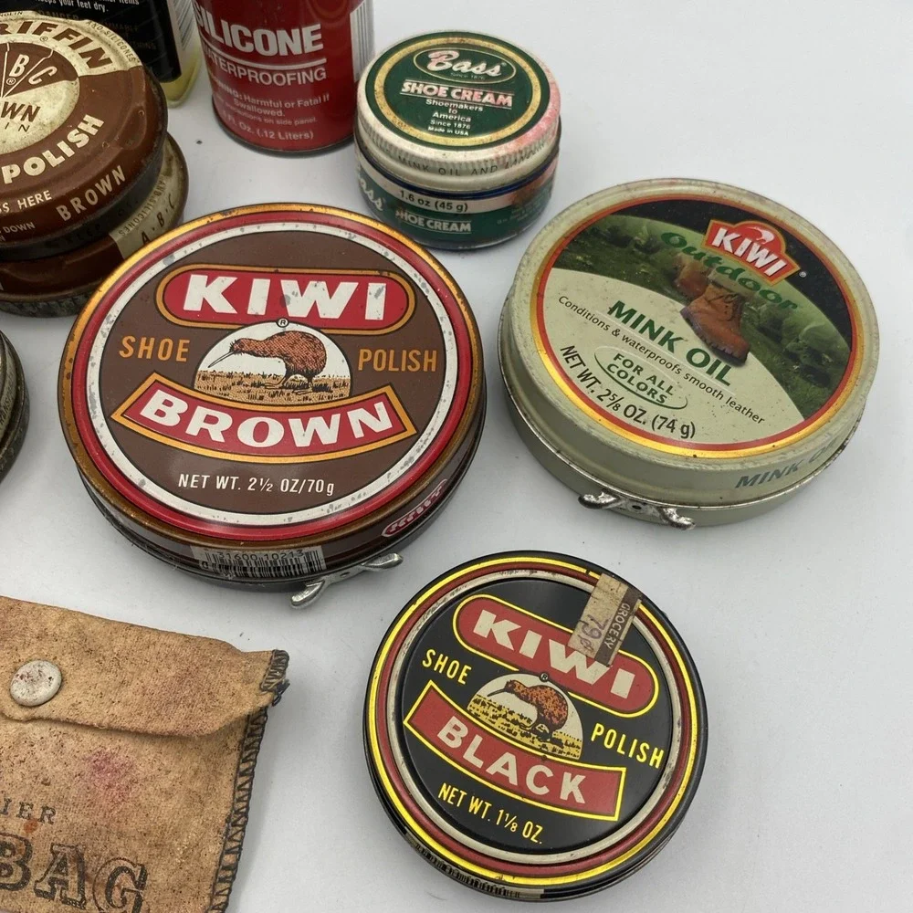 Lot of‎ 14 Vintage Shoe Shine Boot Polishes Kiwi Esquire Cavalier Brush Sno-Bag